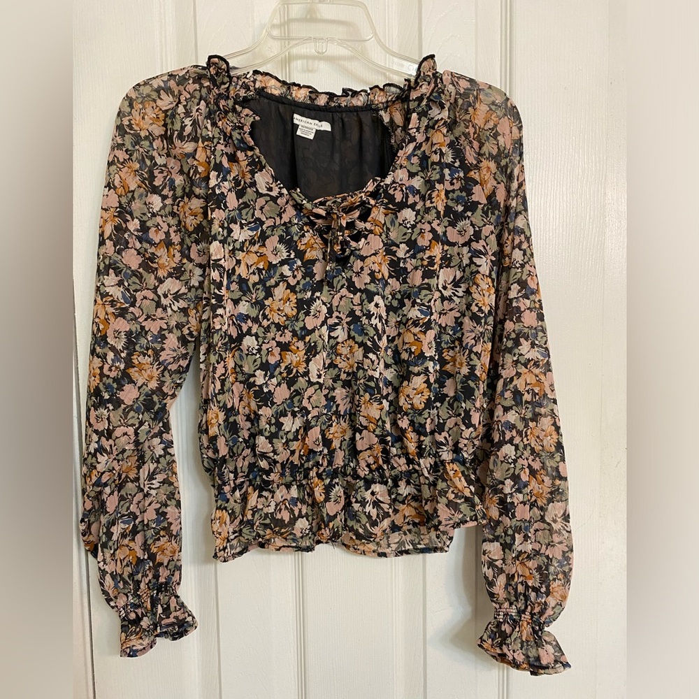 American Eagle Outfitters Womens Long Sleeve Blouse Floral Peplum Sz. XS